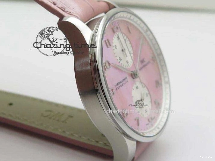 MIROTIME 0311 Portuguese 40mm Chrono SS Pink MOP Dial on Pink Leather Strap A Reliable 7391